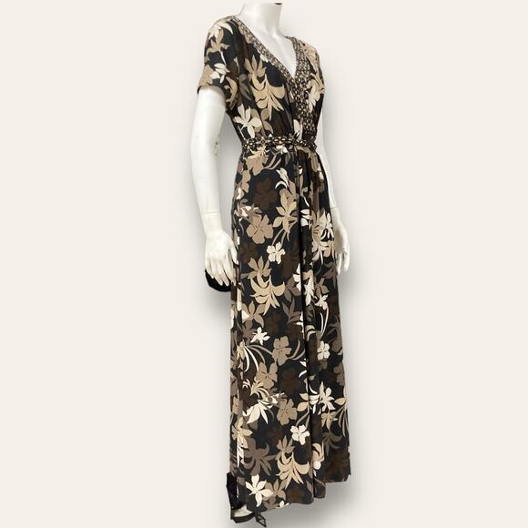Brown Floral Print Empire Waist V-neck Stretchy Maxi Dress Medium - Picture 2 of 7